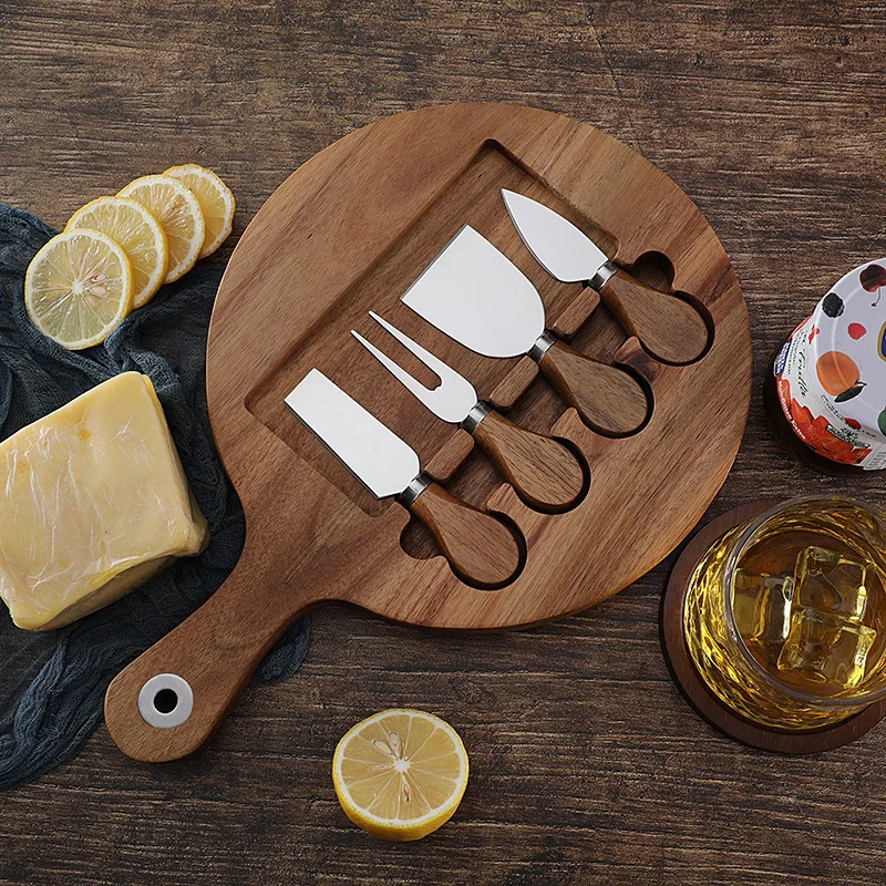 Cross border Wooden Board Steak Cutting Board Wooden Cheese Cheese Board Set with Stainless Steel Cheese Knife 4-piece Set