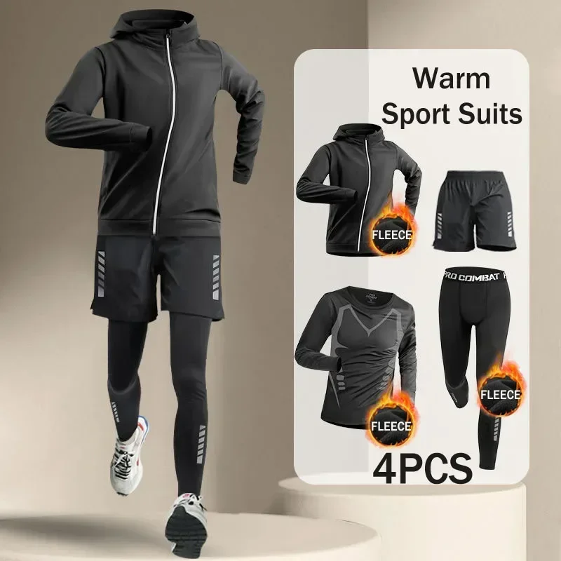 Korean Warm Sports Suit Men 2-4 PCS Running Set Jogging Basketball Underwear Tights Sportswear Gym Fitness Tracksuit Clothes 2