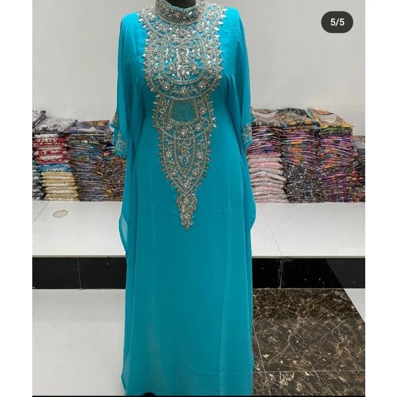 Tourqoise Marocchino Duba Caftani Abaya Dress Molto Fantasia Abito Lungo Tendenze Della Moda