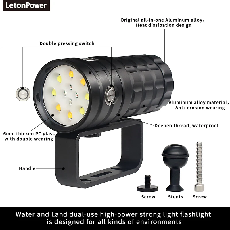 Torcia Subacquea LetonPower L15 10000 Lumens - Professionale, Ricaricabile Type-C, 100m Impermeabile - Foto 10