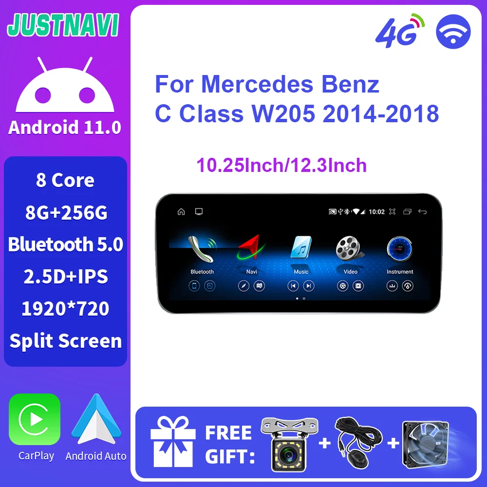 

JUSTNAVI Android 12 Wireless CarPlay For Mercedes Benz C Class W205 2014-2018 Car Multimedia Navigation GPS SWC DSP 4G WiFi IPS