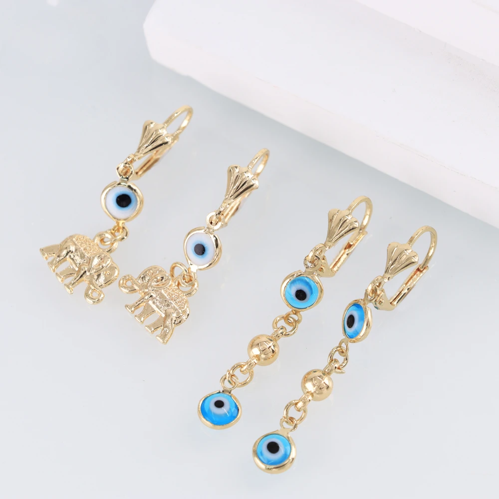 Luck Fashion Oro Laminado 18K Arete Elegante Good Fortune Blue Evil Eye Drop Elephant Ciondola Gli Orecchini