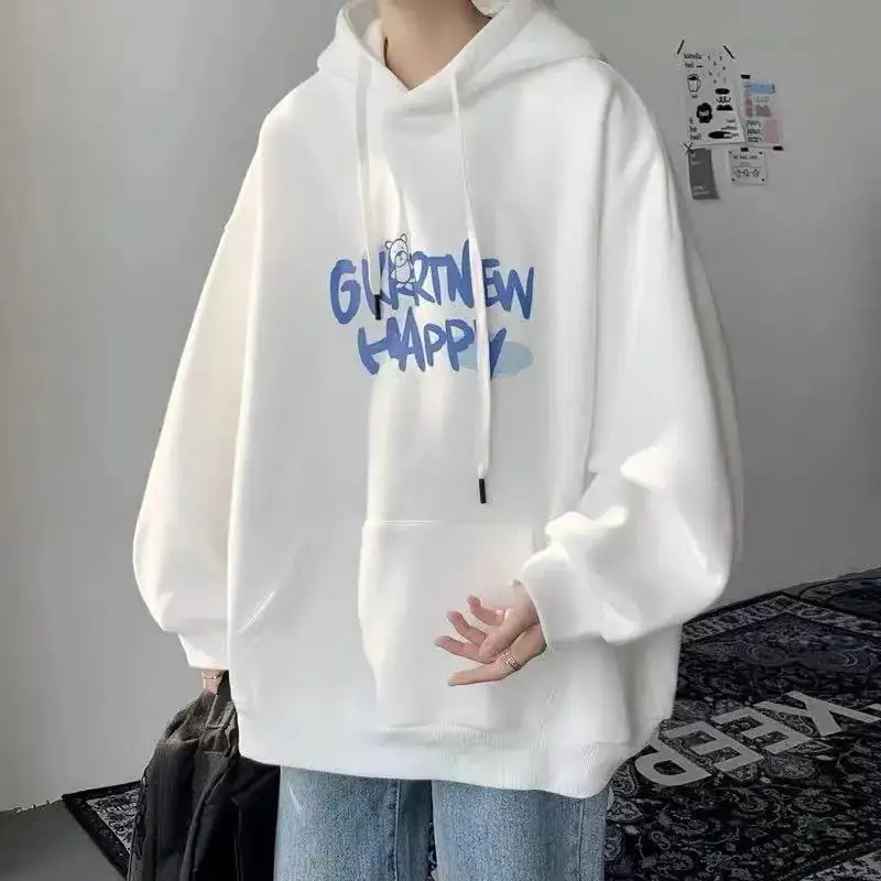 Fashion Loose Printed Letter Lace Up Hoodies Sweatshirts Men's Clothing 2024 Spring New Oversized Korean Tops Casual Sweatshirts