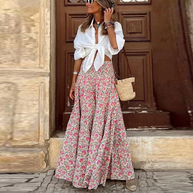 Women's Vintage Print A-Line High Waist Ruffles Long Skirt Summer Skirts Rose Red Casual 8657