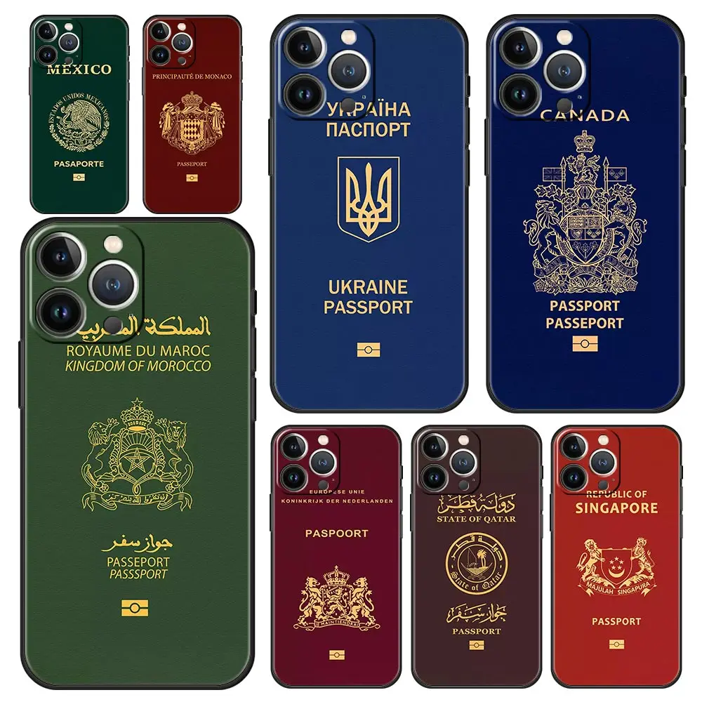 

Morocco Ukraine Passport Luxury Phone Case For iPhone 13 15 14 12 11 Pro MAX XR X SE XS 7 8 Plus Soft Black Protection Cover