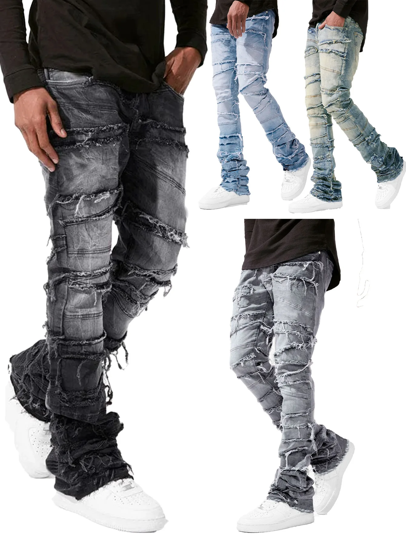Stacked Jeans Men Patchworks Spliced Denim Ripped Wash Frayed Pants Streetwear men jeans ripped jeans ripped patchwork jeans