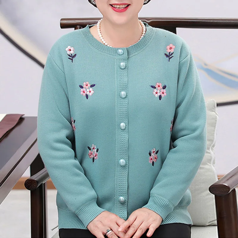 XL-4XL 플러스 벨벳 여성 자수 니트 가디건 재킷, 슬림 스웨터 코트, 얇은 할머니 겨울 의류, 고품질