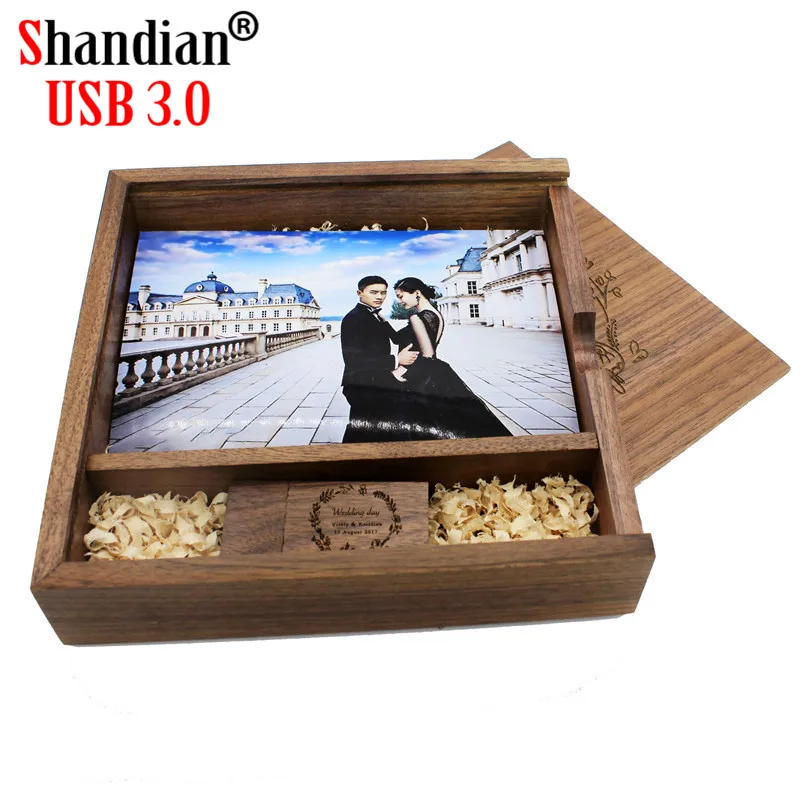 SHANDIAN Wood Album Style High Speed USB 3.0 4GB 8GB 16GB Fashion Gift 32GB 64GB USB+BOX Wedding Photography Free Custom LOGO