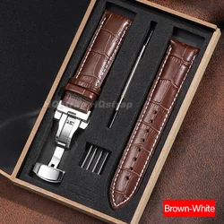 Luxury Leather Watch Strap Set with Butterfly Buckle and Installation Tools in Wooden Box - 22mm (Brown - White)