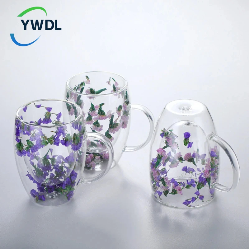 YWDL Double Wall Glass Coffee Mugs Double Insulated Glass Cup 350ml Flower Design For Girl Gift Christmas Present