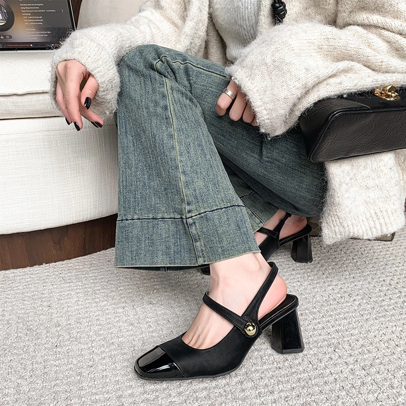 summer new elegant square head half bag ladies fashion narrow band slingback ladies all vintage high-heeled sandals