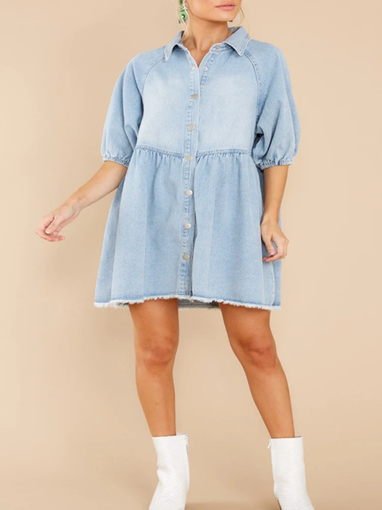 

Летнее платье для женщин 2023 имитация джинсовой ткани винтажная тонкая модная Корейская синяя одежда мини отложной воротник уличная одежда