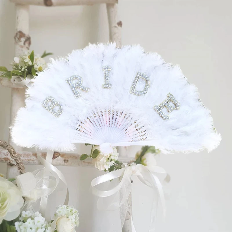 folding fan hand fan Bride Feather Fan Foldable Party Engagement Wedding Decoration Girls Single Trip Party Decor Accessories Gifts