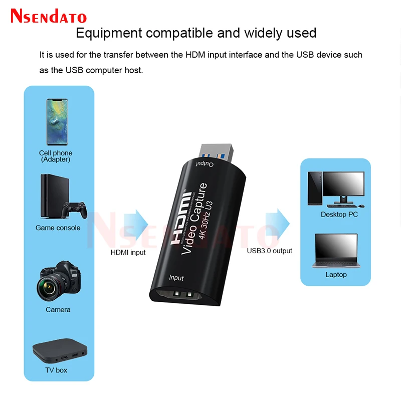4k 30Hz HDMI Video Capture Card HDMI USB3.0 Video Grabber Recorder Card adapter for PS4 DVD Camcorder Camera Live Streaming