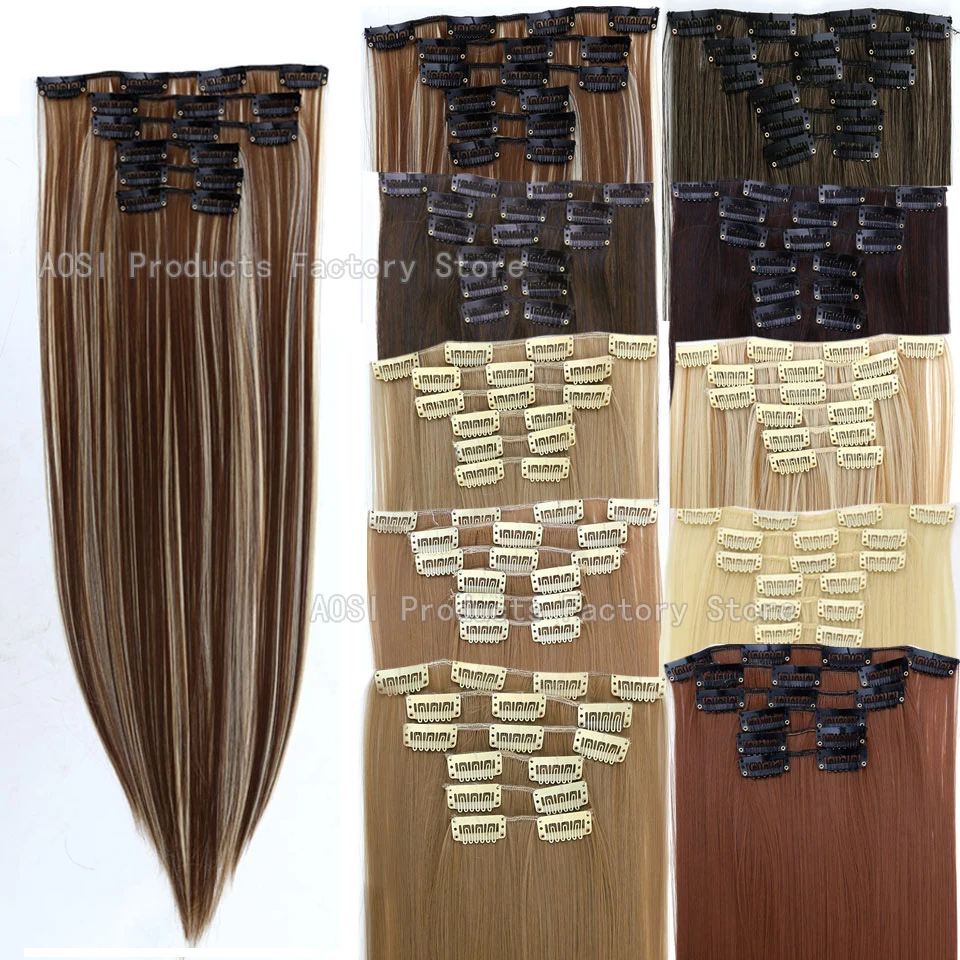 

AOSIWIG 6Pcs Long 24 inches Striaght Real Thick Full Head Clip in on Hair Extensions Natural Synthetic Hairpieces for Women