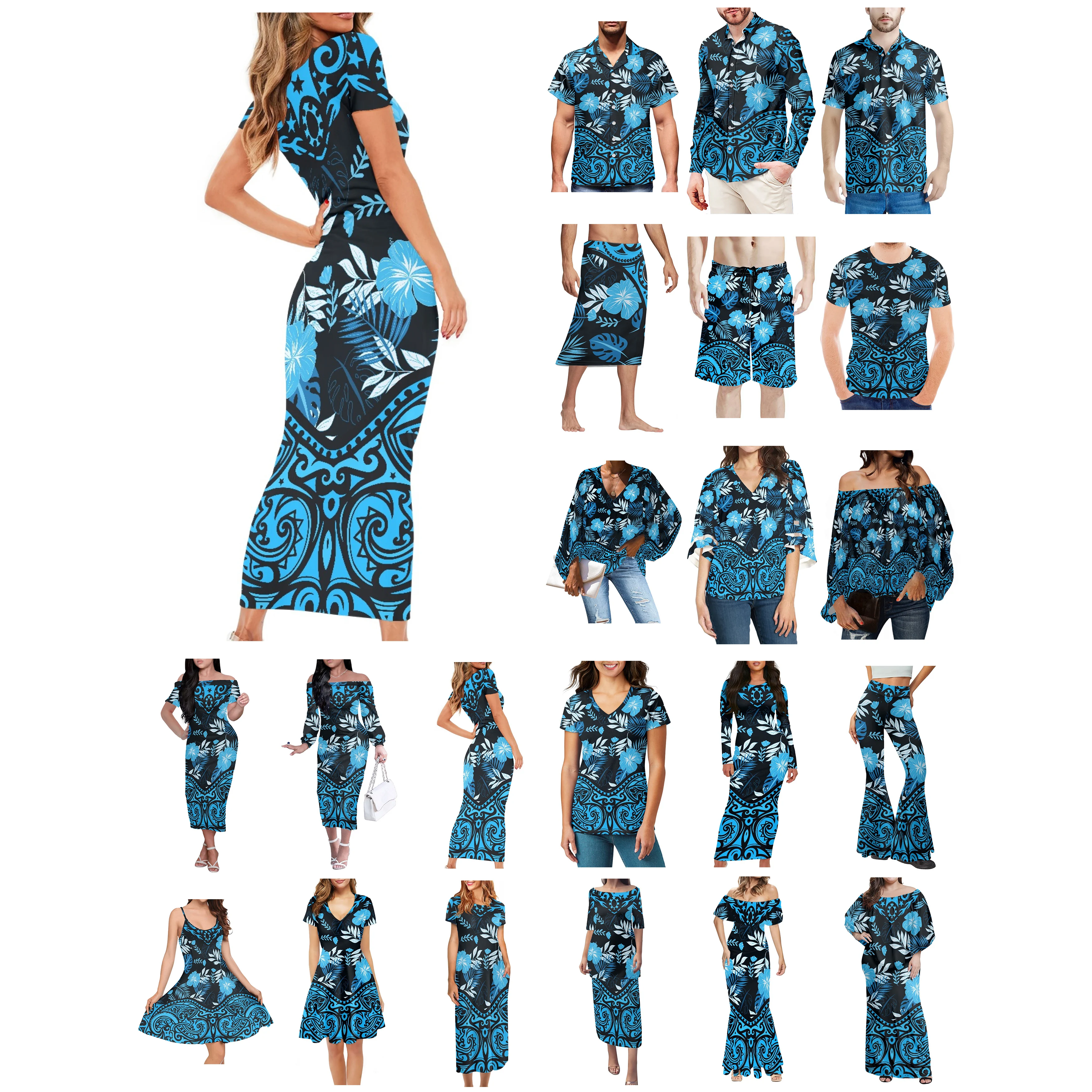 

Polynesian Tonga Hawaii Fiji Guam Samoa Pohnpei Tribal Tattoo Prints Clothes Women Dress Matching Men Shirt Blue Lovers Clothes