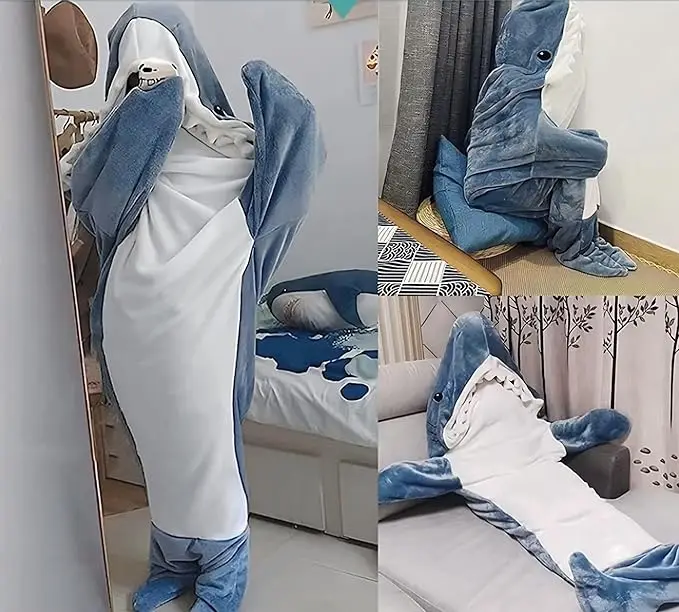 Cartoon Shark Sleeping Bag Pajamas Shark Blanket Fabric Mermaid Shawl Wearable Blanket Children Adult kigurumi pajamas onesies