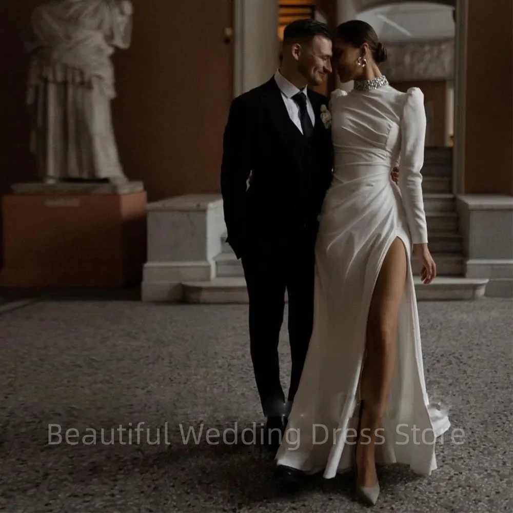 

Женское атласное платье с юбкой годе, изящное облегающее платье с длинными рукавами и разрезом сбоку, с кристаллами на шее, для свадьбы