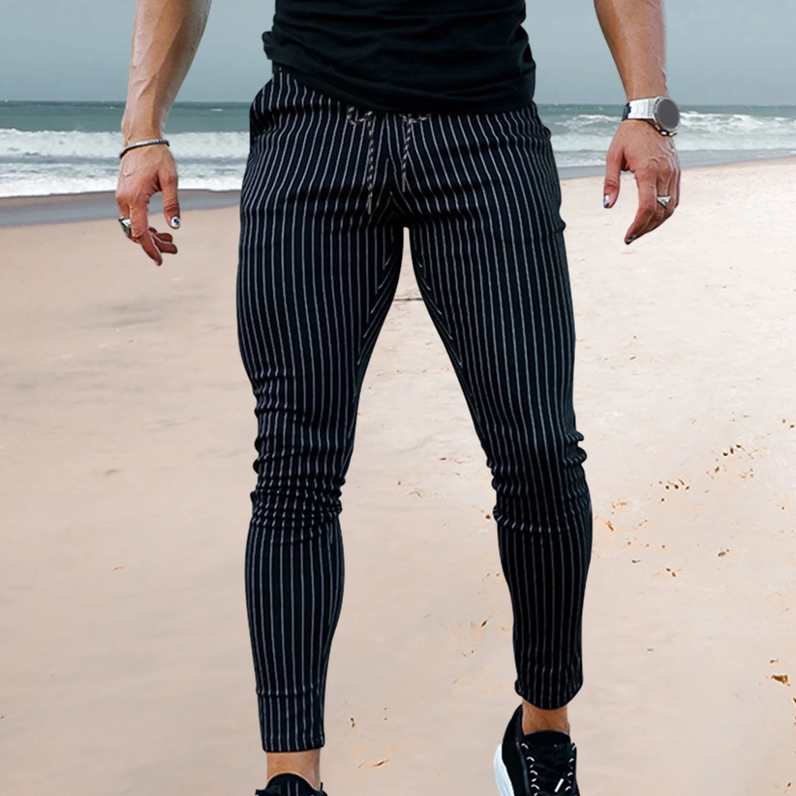 

Men Daily Trousers Stripe Pants Striped Print Men's Pencil Pants Slim Fit Adjustable Waist Breathable Fabric for Business Dating