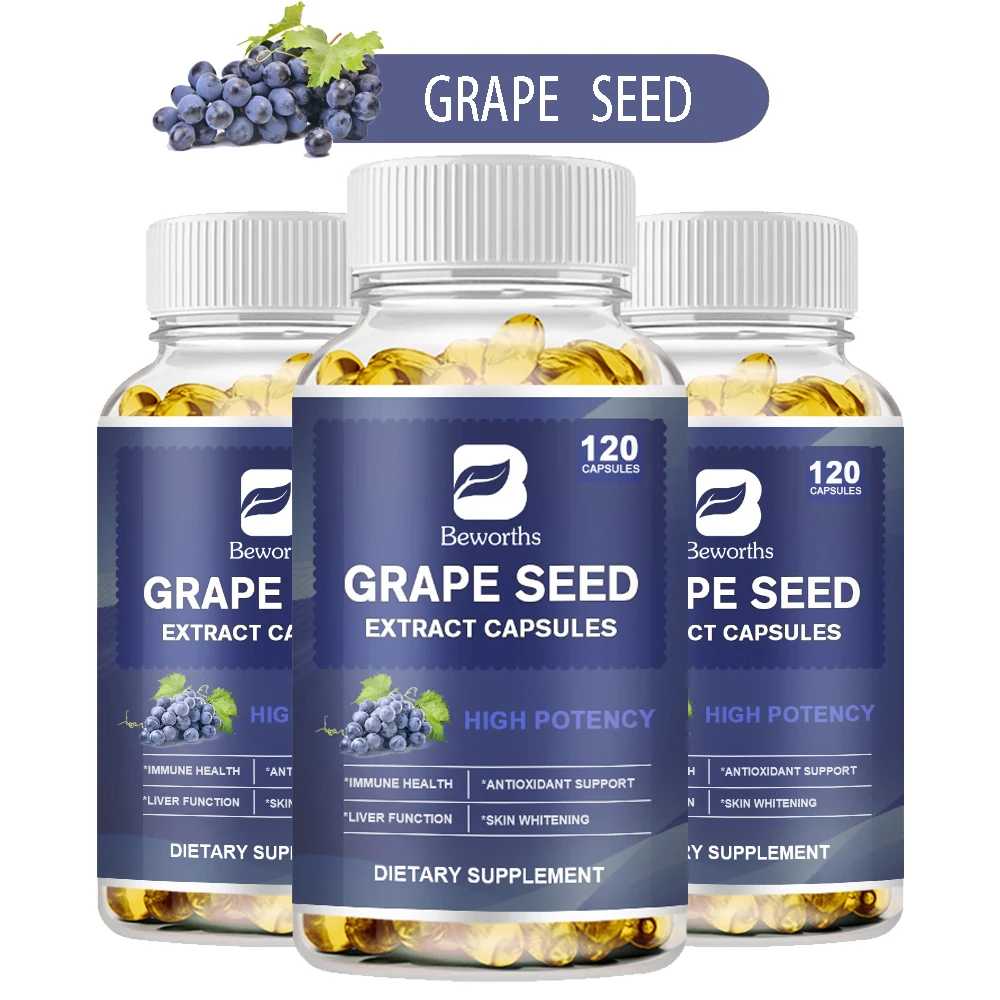 

BEWORTHS 120 Pcs Organic Grape Seeds Antioxidants Capsules Vitamin E Capsule Antioxidant Brighten skin Healthy Food