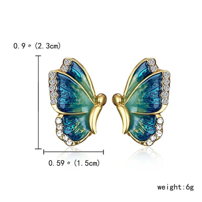 Fashion Alloy Oil Painted Butterfly Earrings for Women Vintage Rhinestone Zircon Insect Earrings Jewelry Çelik Küpe Toptan