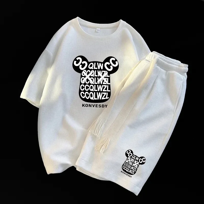 thumbnail image 1 of Conjunto de moda coreana con estampado de gofres para hombre, camiseta de manga corta y pantalones cortos, trajes para hombre, ropa deportiva, chándal UNISEX, conjunto de 2 piezas, conjuntos estampado, 1 of 5