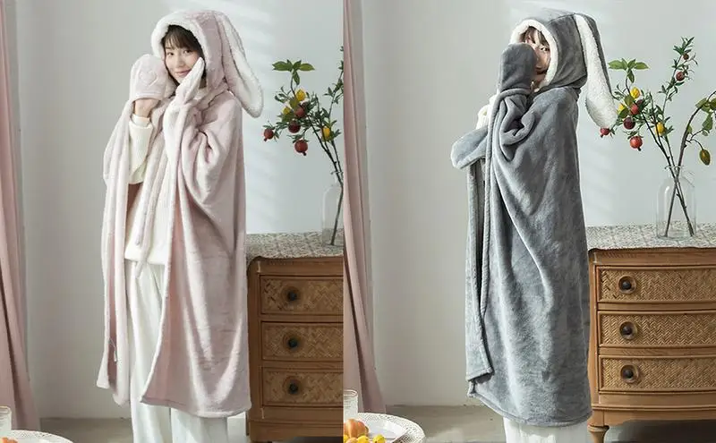 

Bunny Ears Oversized Blanket Wearable Hooded Throw Blanket For Women Adults Bunny Ears Oversized for Picnic Travel Fleece