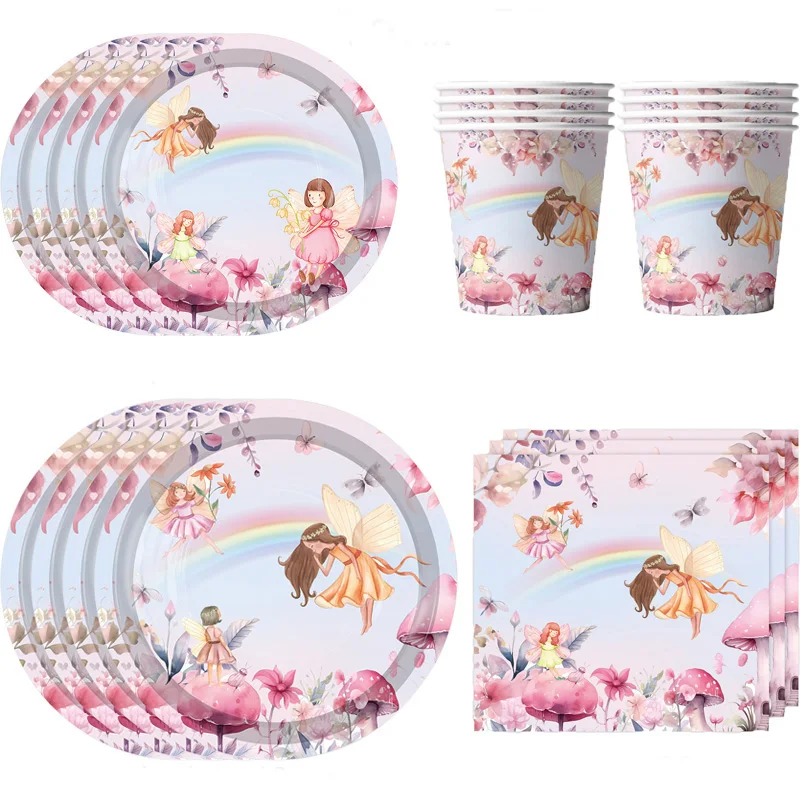 

New girl pink elf children's life party tableware disposable paper cup plate knife and fork decoration supplies
