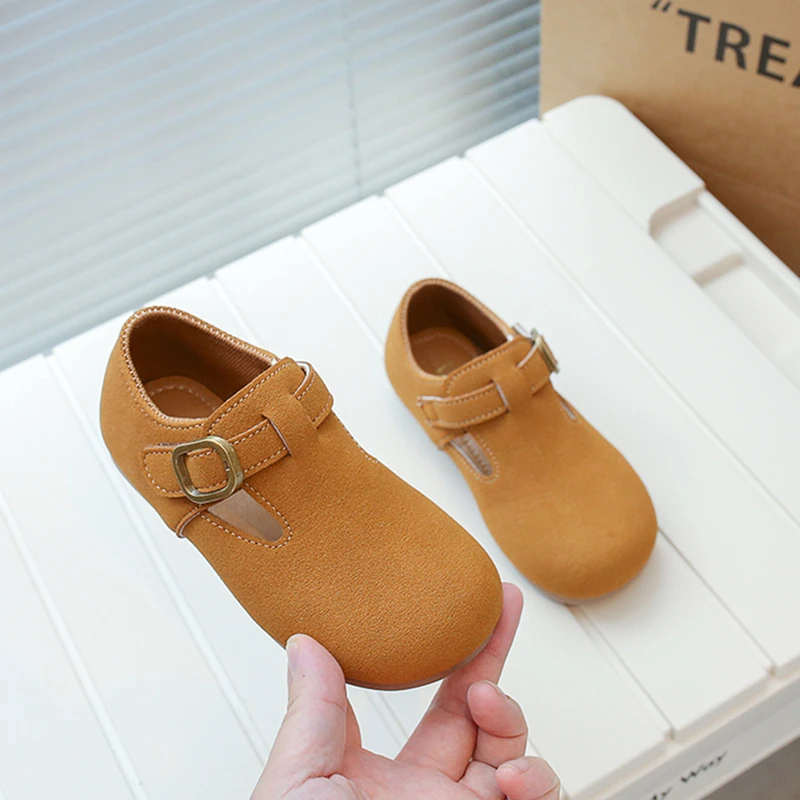 Fashion Children T-starp Fur Leather Shoes Korean Kids Unisex Casual Shoes Toddler Girls Boy Buckle Moccasin Autumn Spring