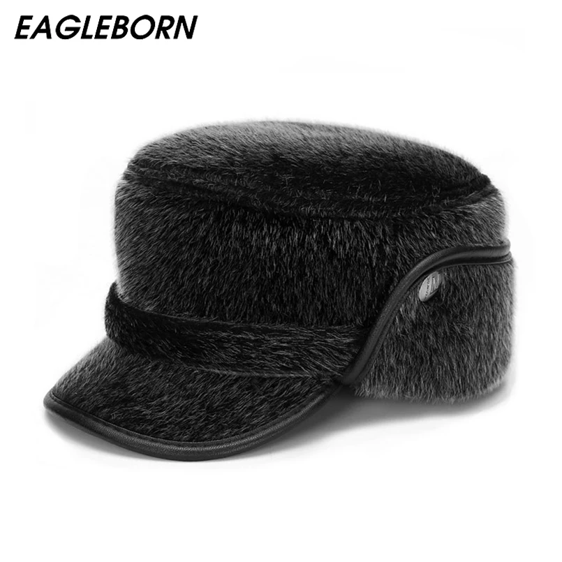 2022 Thicken Men Flat Cap Men's Fur Military Hat with Earflaps Man High Quality Winter Warm Hat