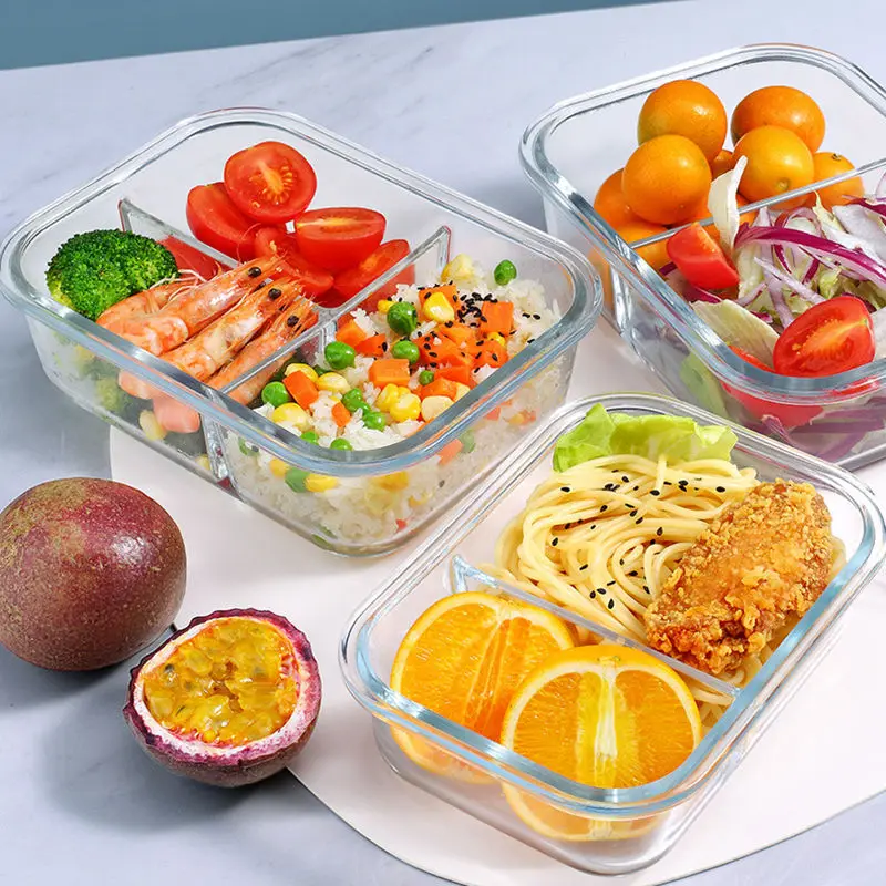 Glass Lunch Box with Wood Cover Household Transparent Fruit Bowl Portable  Microwave Bento Box Students Picnic