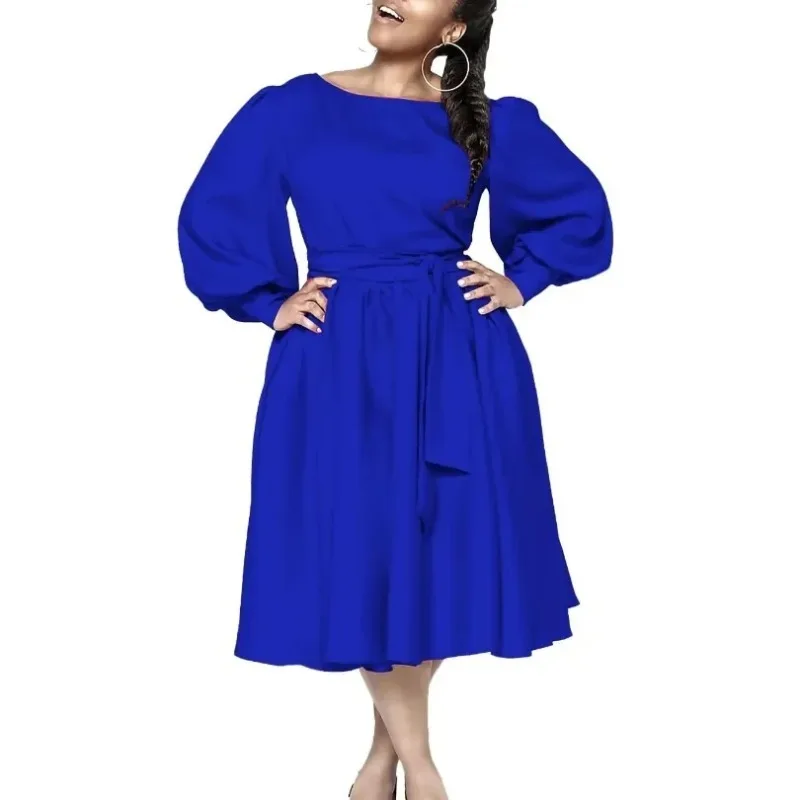 

2024 Spring Fashion African Long Sleeve O-neck Blue Yellow Rose Red Polyester Party Evening Midi Dress Dashiki Africa Clothing