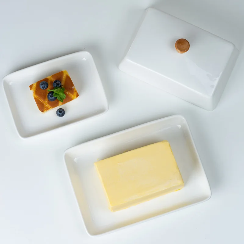 Ceramic bamboo wood butter dish with lid, cross-border rectangular Western style butter storage box set, bread and box