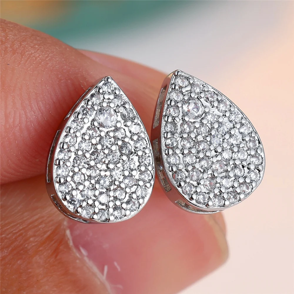 Cute Female White Zircon Cute Water Drop Stud Earrings Classic Silver Color Wedding Jewelry For Women