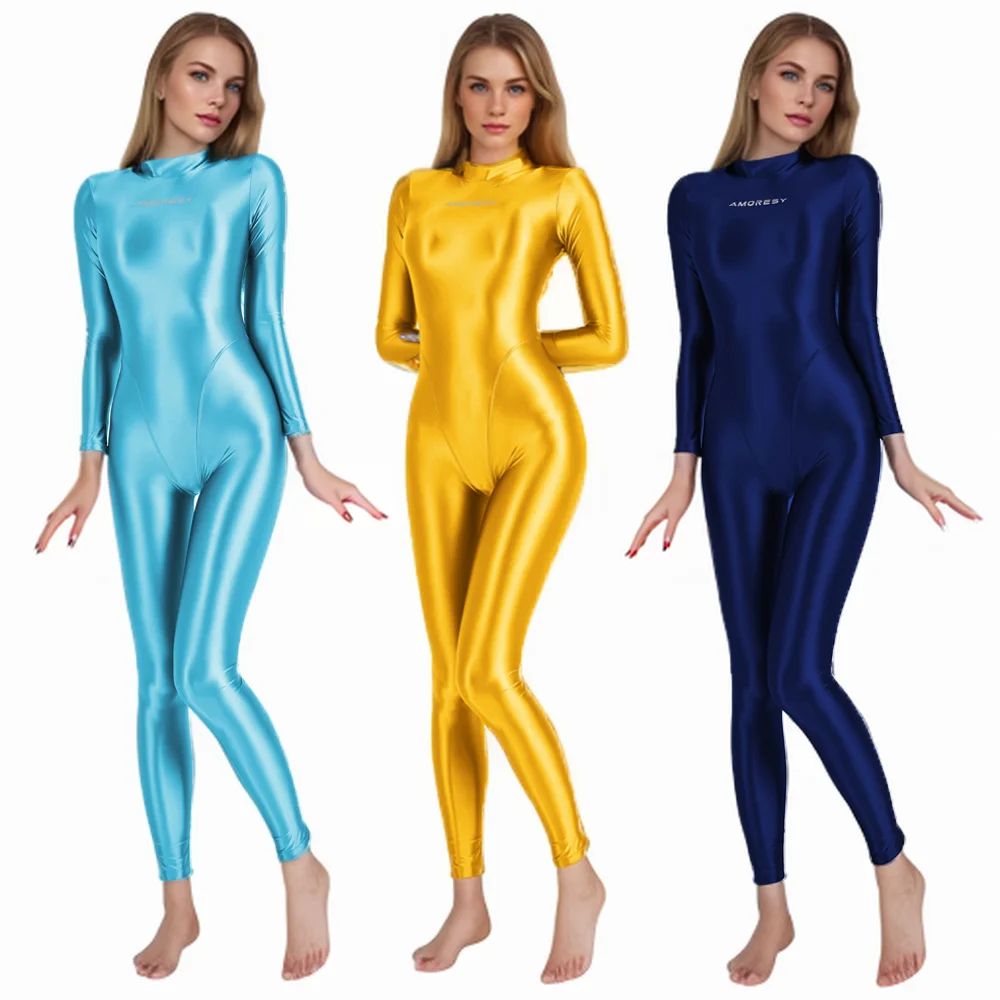 

AMORESY Sexy Shiny Long Sleeve One Piece Jumpsuits Oil Smooth High Neck Tights Zipper Running Yoga Bodysuits Sportswear Overalls