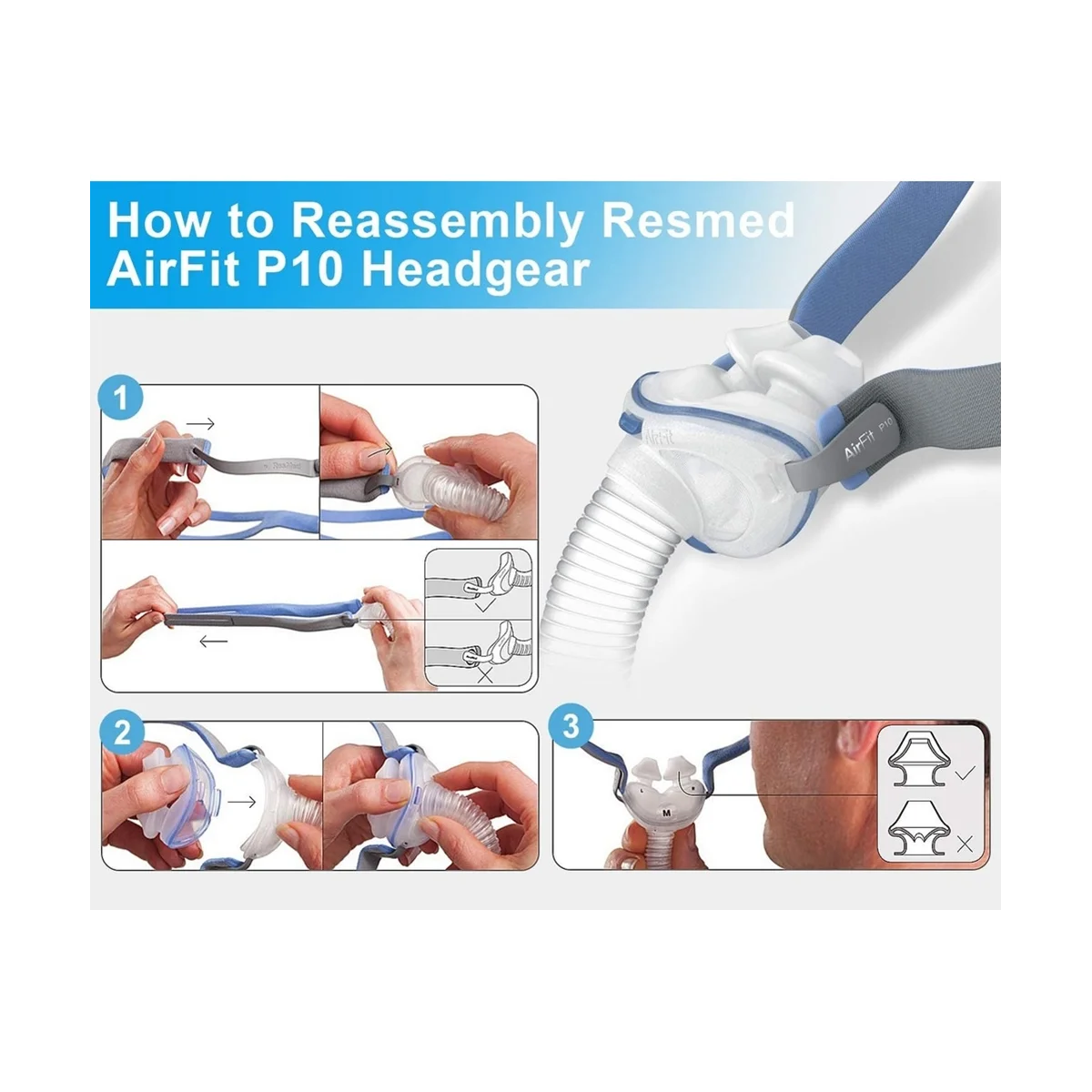 ResMed Airfit P10 비강 베개 CPAP 마스크 스트랩 교체용 헤드기어, 조정 클립 2 개 포함, 1 개