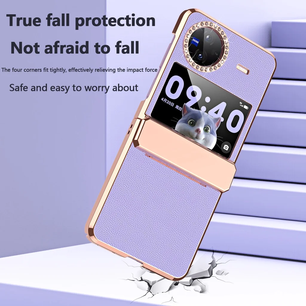 Luxury Plating Leather Cover For Vivo X fip Case With Diamond-edged Lens Camera Protection Shockproof Phone Case