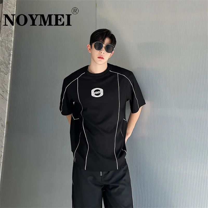 

NOYMEI нишевый дизайн открытая линия Золотой штамп печать круглый вырез короткий рукав Футболка мужская шикарная Хай-стрит черный топ WA3833