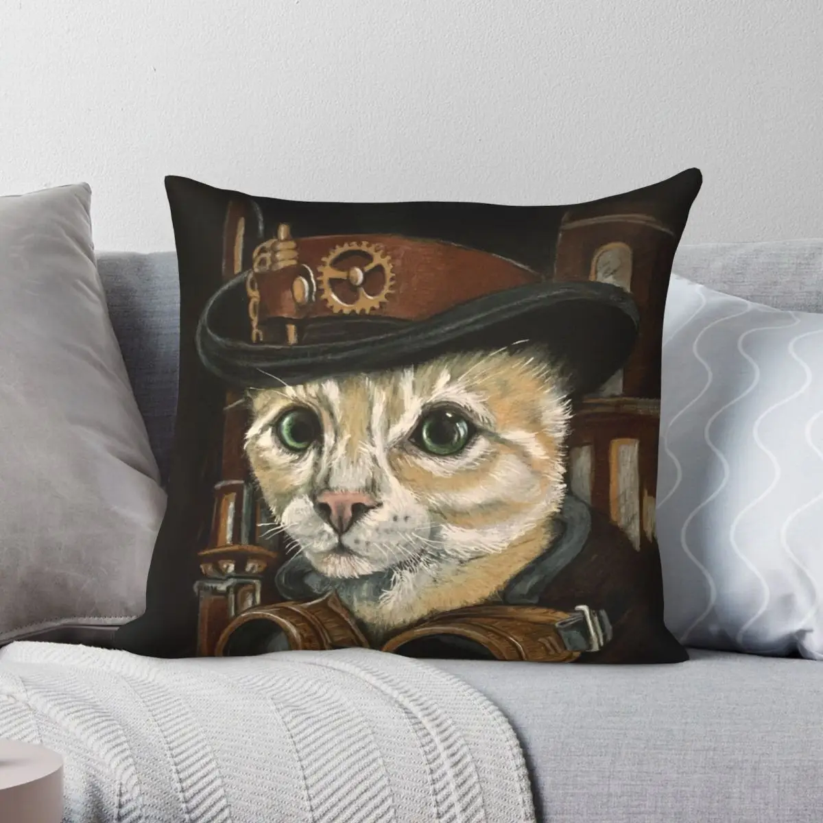 

Steam Punk Kitty Square Pillowcase Polyester Linen Velvet Printed Zip Decor Bed Cushion Cover