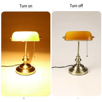 Bankers Desk Lamp with Pull Chain Switch, Amber Glass Shade Desk Lamps, Bronze Base,Vintage Library Lamp 2