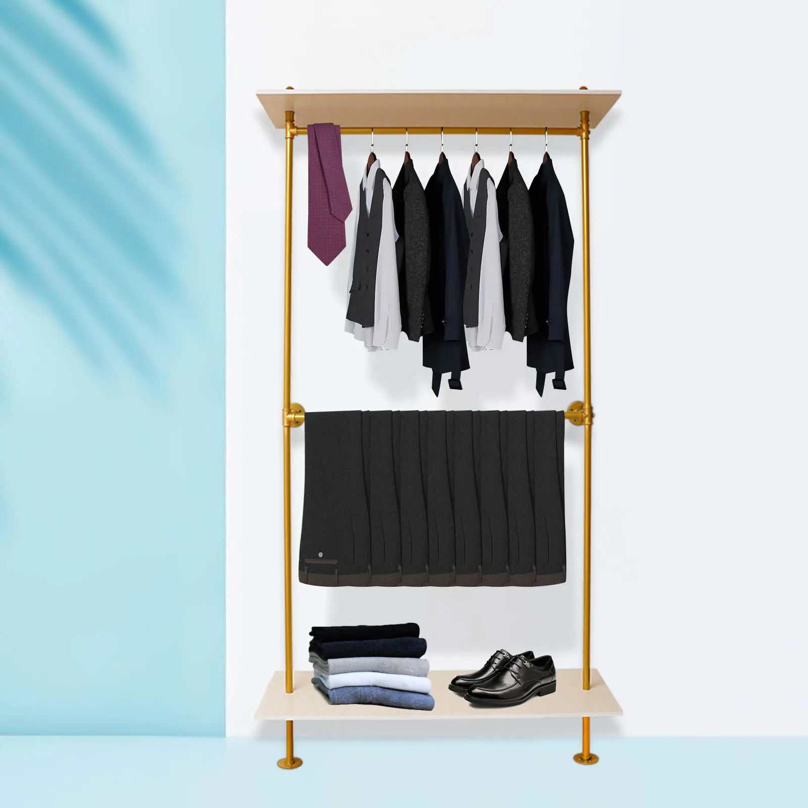 

Modern Industrial Pipe Hanging Rods, Clothing Rack with 2 Tier Wood Shelf, Gold Wall Mounted