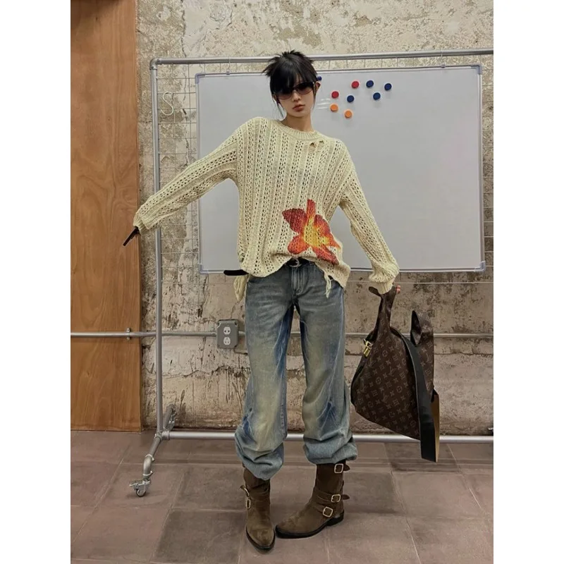 

Deeptown Y2k Vintage Knitted Sweater Women Hollow Out Oversized Bolero Korean Fashion Jumper Aesthetic Autumn Pullover Harajuku