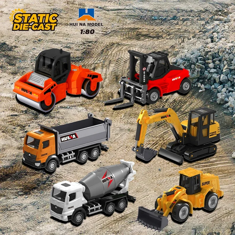 HUINA Mini 1/80 Alloy Excavator Bulldozer Dump Truck Road Roller Diecast Engineering Car Model Collection Construction Vehicle
