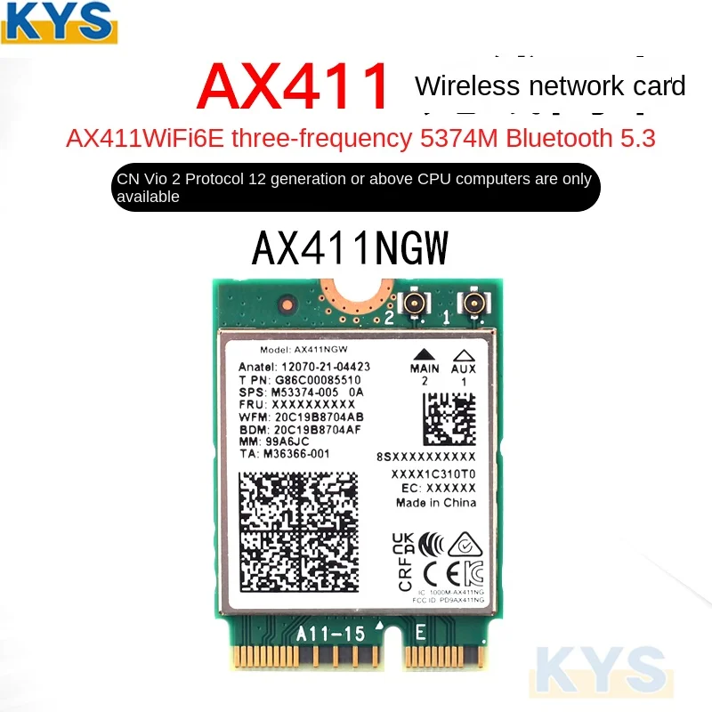 AX411 와이파이 카드 및 안테나 와이파이 6E Cnvio2 BT 5.3 트라이 밴드 5374Mbps 네트워크 어댑터, 노트북 PC Win10 11-64 비트용