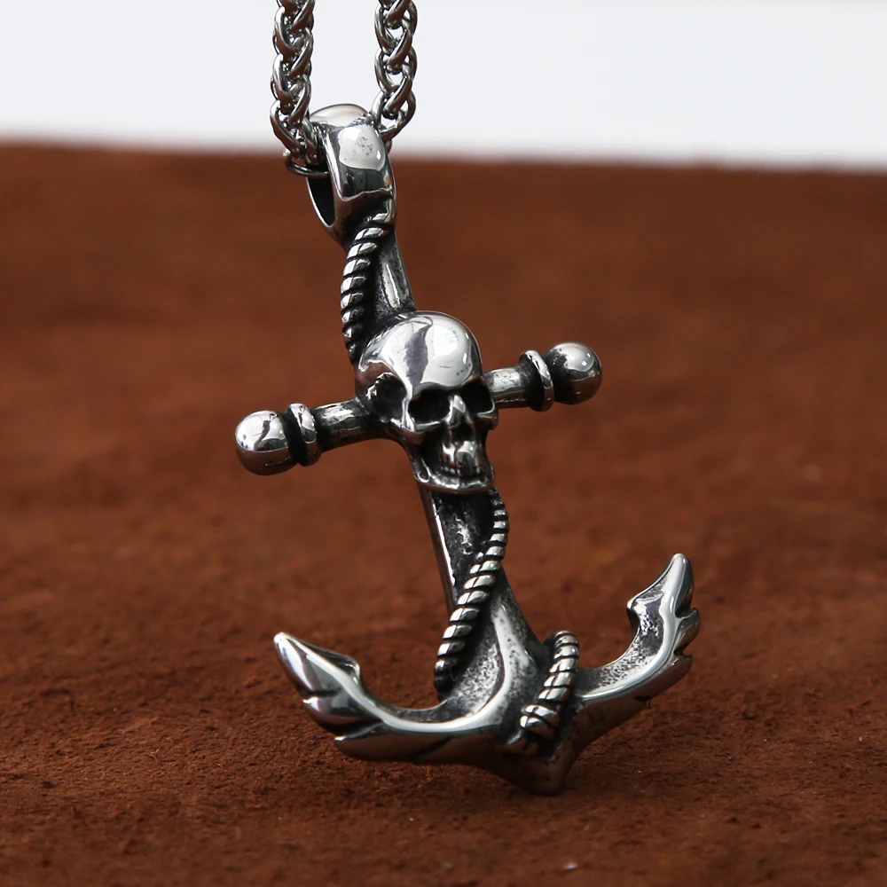 Vintage Edelstahl Wikinger Anker Halsketten für Männer Kette Punk Hip Hop Anker Schädel Anhänger Halskette Modeschmuck Kette