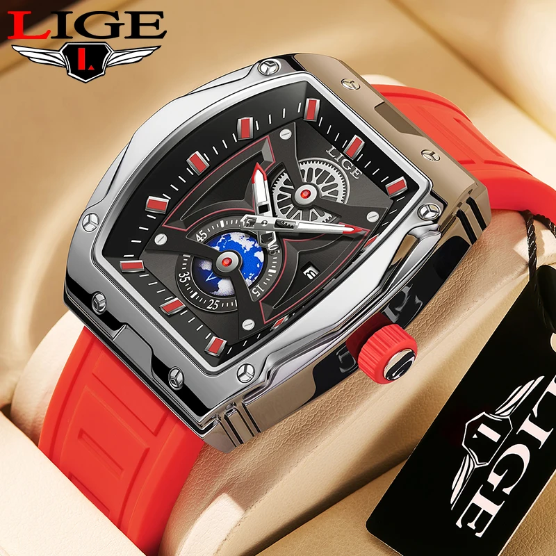 LIGE Fashion Luxury Quartz Man Watches Casual Silicone Strap Sport Square Watch for Men Military Waterproof Auto Date Wristwatch