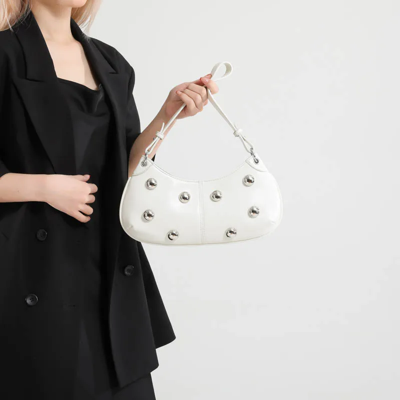 Women PU Rivet Shoulder Bag Trendy Underarm  Solid Color Fashion Tote Handbag Adjustable Strap Cool Sling Chic Hobo Bag