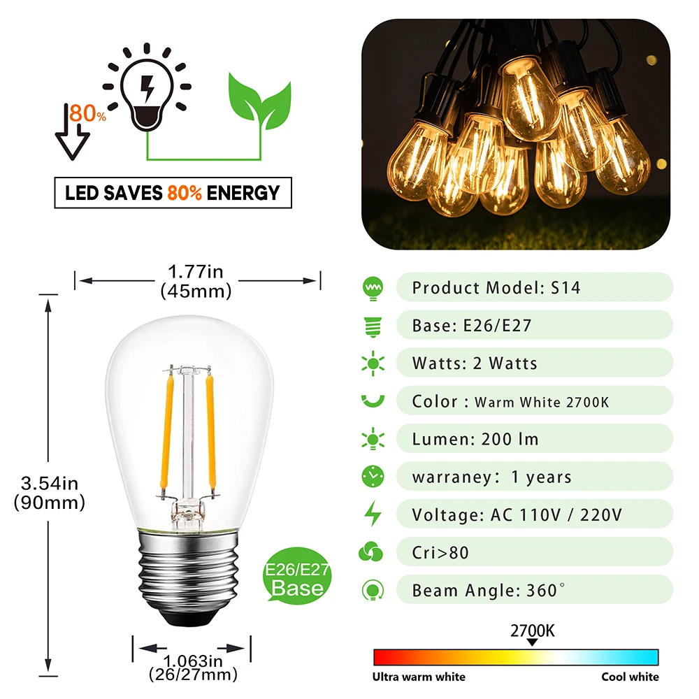 S14 öƽ Ƽ LED ,     LED ʶƮ, ߰ Ʈ  ü, E27, E26, 110V, 220V, 2W, 15 