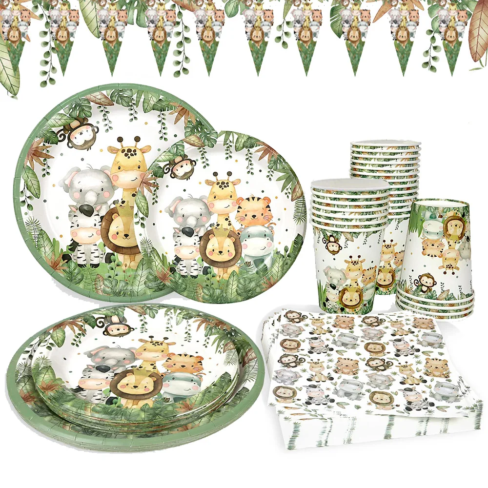 

82pcs Safari Jungle Disposable tableware Set Animals Theme Boy Birthday Party Supplies s include Plates Napkins Cups tablecloth