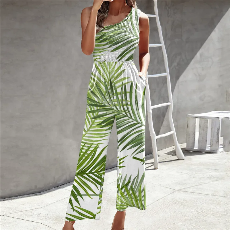 

New Summer Jumpsuits For Women 2023 Sexy Print Slanted Shoulder Casual Loose Romper Elegant Wide Leg Pants Jumpsuit Streetwear